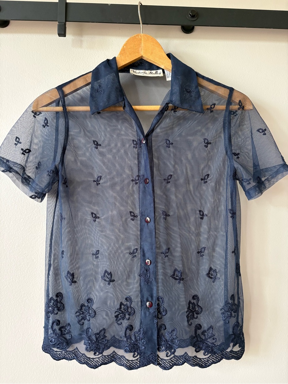 Vintage Victoria Holley Navy Blue Sheer Mesh Button-Down Blouse Size 6